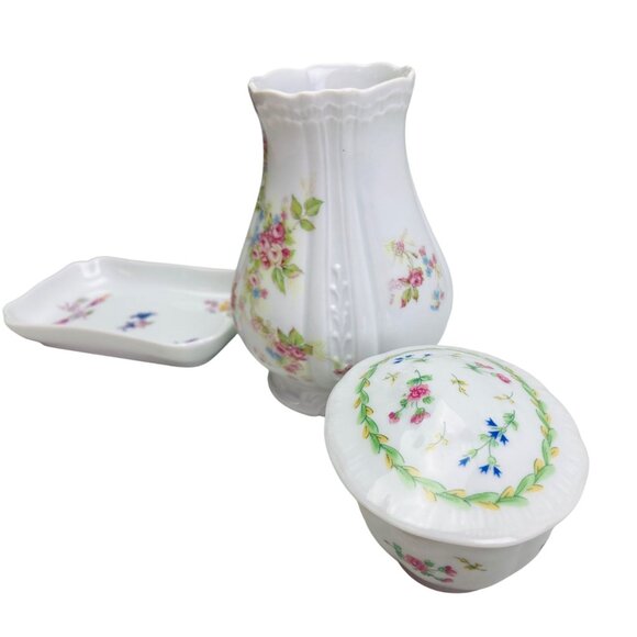 Vintage Haviland Limoges France Floral Porcelain Set - Vase, Tray, Trinket Box - Picture 3 of 13